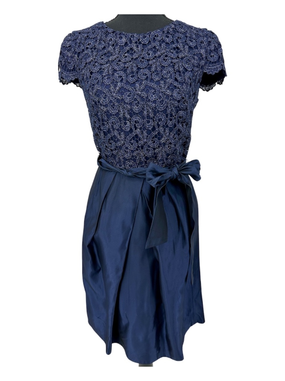 Suzi Chin for Maggy Boutique Navy Blue Lace & Taffeta Fit & Flare Cocktail Dress